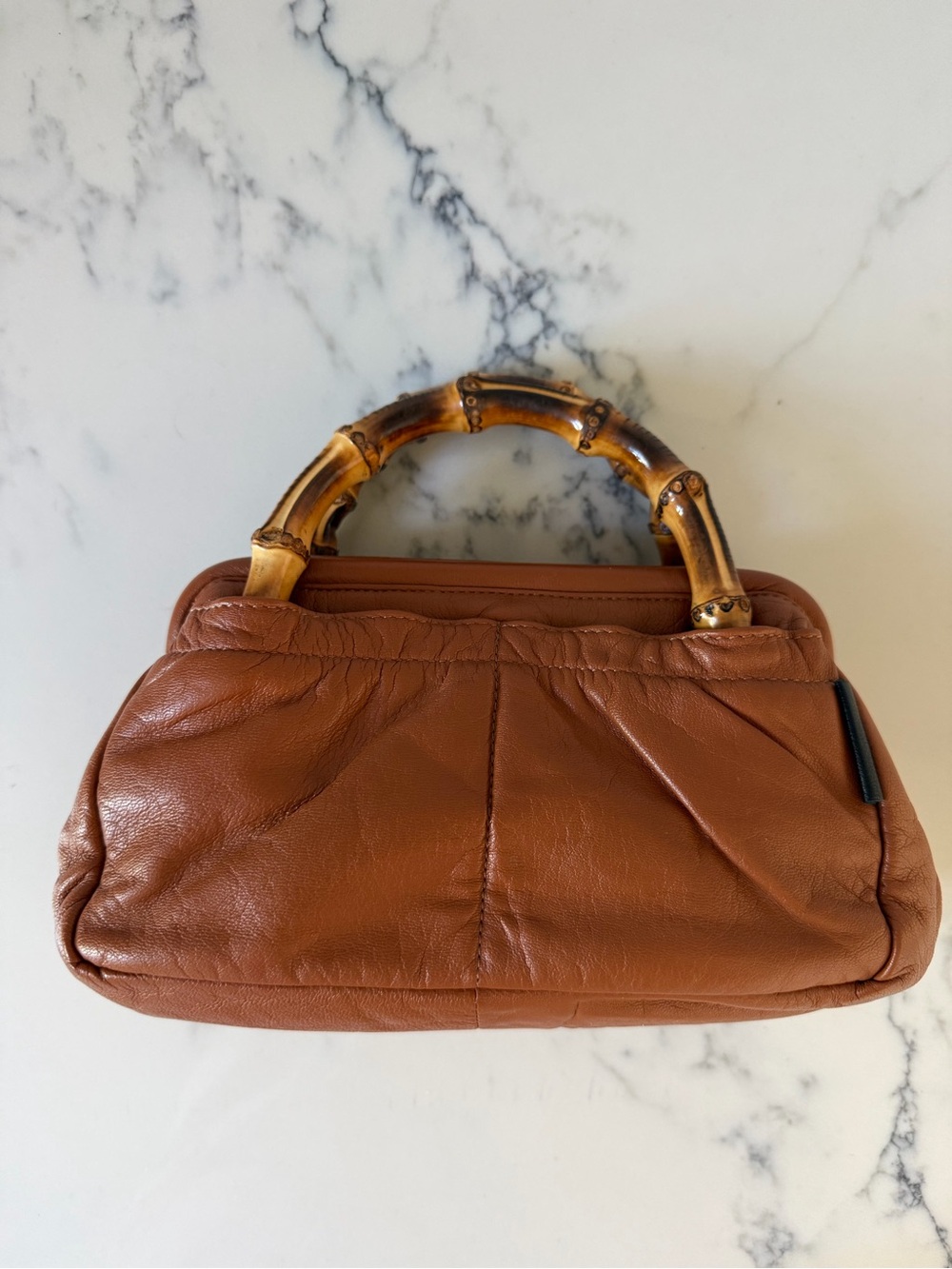 Sissi Rossi Brown Leather Mini Bag with Bamboo Top Handles